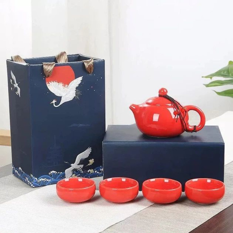 Набір чайного посуду "Гочао" (Guochao), 1 чайник + 4 чашки, подарункова коробка, червоний
