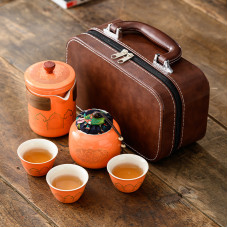 Чайний набір "Гу Юнь" (Gu Yun), 1 чайник + 3 чашки + банка, шкіряний кейс, помаранчевий