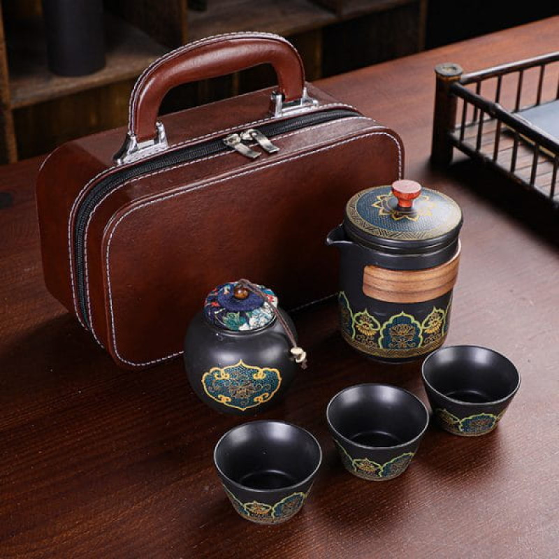 Чайний набір "Гу Юнь" (Gu Yun), 1 чайник + 3 чашки + банка, шкіряний кейс, чорний