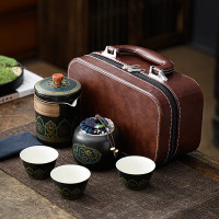 Чайный набор "Гу Юнь" (Gu Yun), 1 чайник + 3 чашки + банка, кожаный кейс, черный