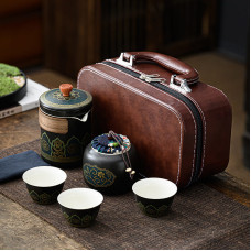 Чайний набір "Гу Юнь" (Gu Yun), 1 чайник + 3 чашки + банка, шкіряний кейс, чорний