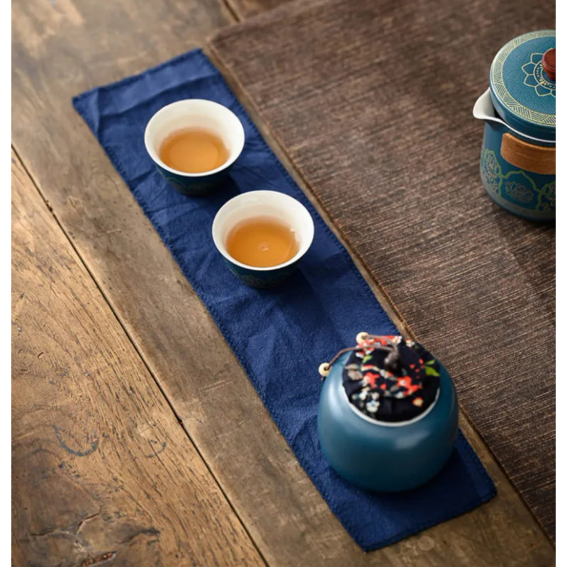 Чайний набір "Гу Юнь" (Gu Yun), 1 чайник + 3 чашки + банка, шкіряний кейс, синій