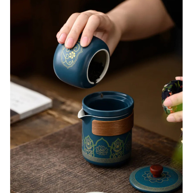 Чайний набір "Гу Юнь" (Gu Yun), 1 чайник + 3 чашки + банка, шкіряний кейс, синій