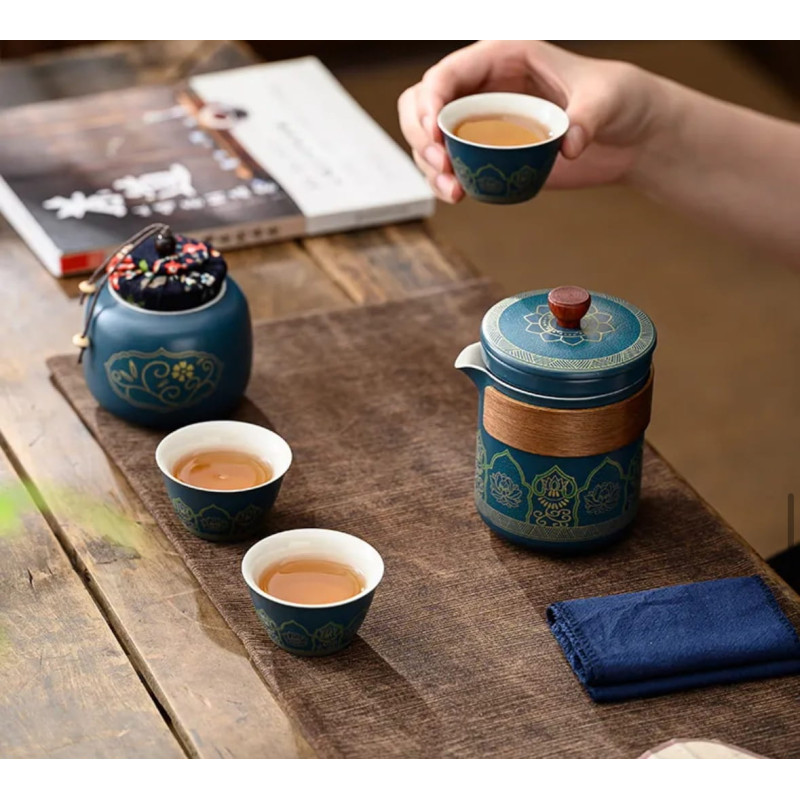 Чайний набір "Гу Юнь" (Gu Yun), 1 чайник + 3 чашки + банка, шкіряний кейс, синій
