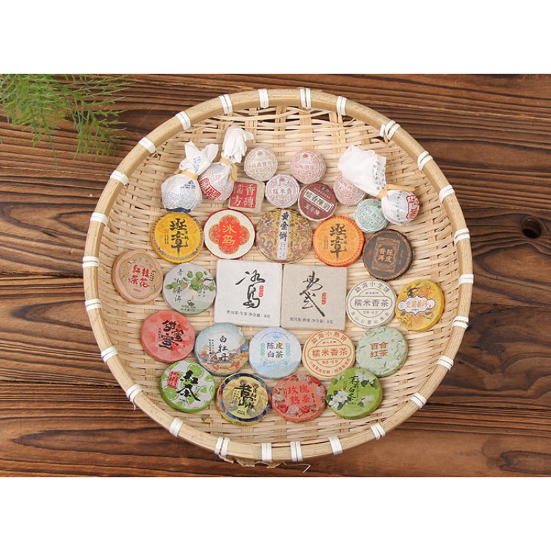 Набір чаю «30 видів міні-чайних блинчиків» Mu Zhi (Пуер, білий, червоний), 200 г, банка