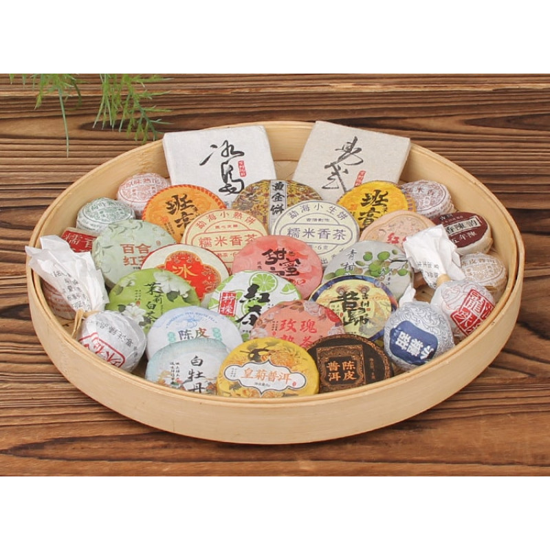 Набір чаю «30 видів міні-чайних блинчиків» Mu Zhi (Пуер, білий, червоний), 200 г, банка